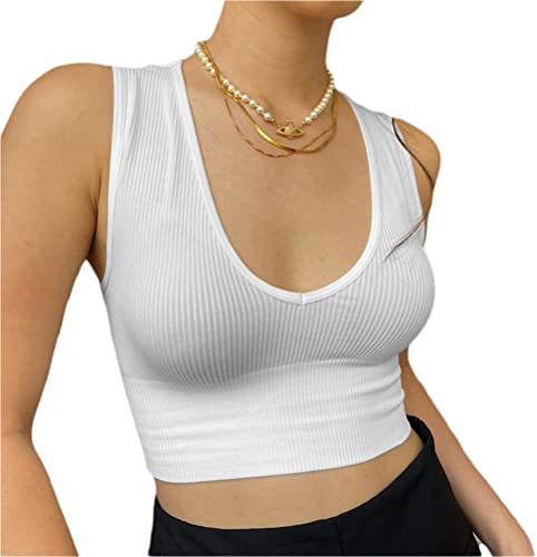 Minetom Femmes Débardeurs Sexy Court Tops Blouse Stretch Manche Court Slim Crop Top T-Shirt Uni Été Yoga Fitness Sport Haut A Blanc S