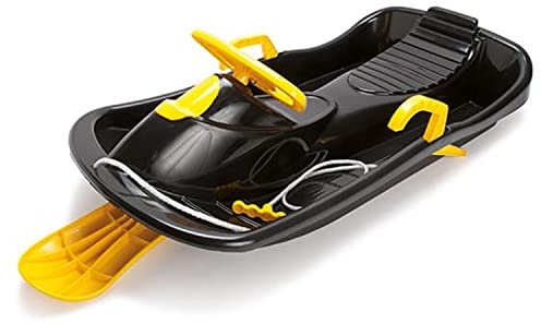 Dantoy - Lenkschlitten für Kinder ab 3 Jahren - Schwarz und Gelb - Mit Lenkrad und Bremsen und Seil mit Griff - Kinderschlitten für den Wintersport - Der Schlitten Wird in Dänemark hergestellt.