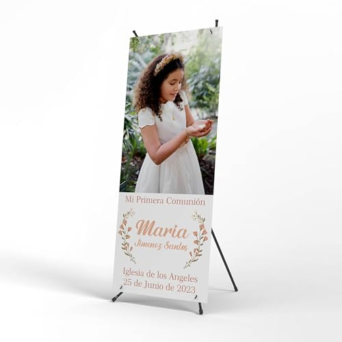 Photocall Comunion Niño y Niña – Cartel Personalizado X-Banner 70X180 cm para Fiesta con Nombres, Fecha y Foto (Modelo 2)