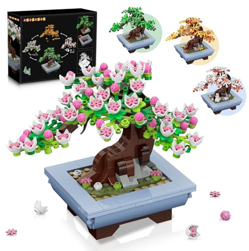 HOGOKIDS Blumen Bonsai Baum Bauset - 4 Jahreszeiten Blume Bausteine 584 Stück, Pflanzen Kollektion Deko Bausatz, Geburtstagsgeschenk für Mutter Erwachsene Mädchen Jungs im Alter von 6-12+