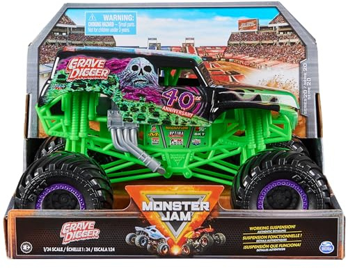 Monster Jam, Grave Digger Monster Truck, detaljerat formsprutat fordon i metall för lek och samling i skala 1:24, klassiskt färgschema, leksak för barn från 3 år