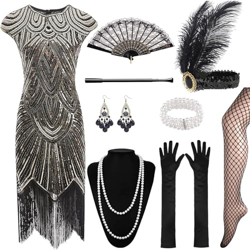 XCMVCN 12 stycken 1920-tals Charleston klänning år paljetter pärlor fransar Gatsby, klänning med 20-talet tillbehör, cocktailklänning, karnevaldräkt (svart + röd, XXXL)
