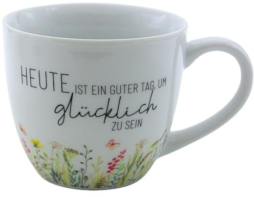 Maxi-XXL Kaffeebecher/Tasse aus Porzellan, XXL Kaffeepot, Motiv: Wiese, Heute ist ein guter Tag, um glücklich zu sein, Größe H/Ø: 9,2 x 10,5 cm, Fassungsvermögen 400 ml, Spülmaschinengeeignet.