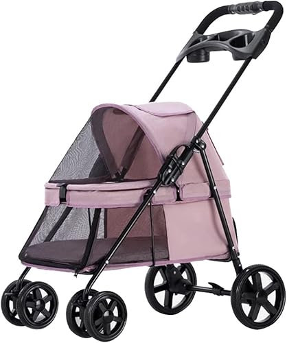 Hundebuggys für kleine Hunde, Haustier-Buggy für Katzen mit Getränkehalter, Premium-Hundebuggy mit Regenschutz, atmungsaktive Hundekinderwagen für Haustiere (Pink) (Pink)