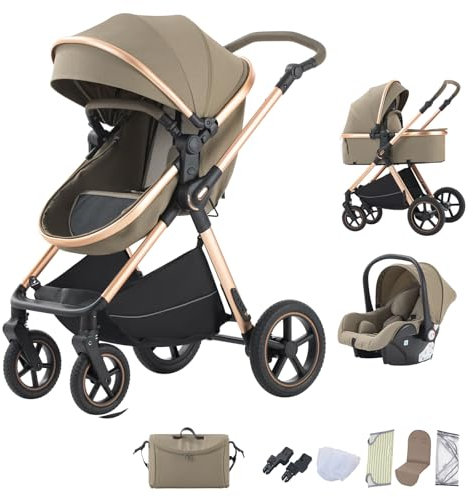 BEBBY Cochecito de bebé 3 en 1,Carrito Bebe 3 en 1 Con Asiento, Cochecitos Portátil Plegable Con, Carricoche Combinado Paisaje Alto Marco de Aluminio Para Recién Nacido (D2-LIGHT BROWN, H2-D)