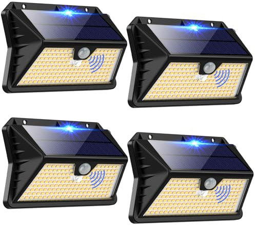 OUILA Lampe Solaire Exterieur, 【4 Pack】 3 Modes Projecteur Eclairage Avec Detecteur, 185 LED Spot Solaire IP65 Etanche Lumiere Solaire pour Jardin, Garage, Patio(Blanc Chaud)
