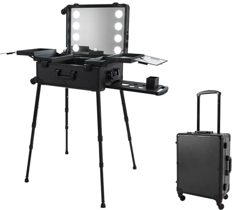 BJTDLLX Maletín de maquillaje con ruedas, 21 pulgadas, maletín de maquillaje con 8 perlas LED y espejo, maletín de peluquería para salones de belleza, color negro