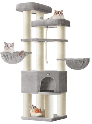 Feandrea stort klösträd, katttorn i flera nivåer, XXL, 55 x 55 x 186,7 cm, sisalstolpar med 11 cm diameter, Maine Coon, duvgrå och krämvit PCT008G01 | 55 x 55 x 186,7 cm, sisalstolpar med diameter på 11 cm, Maine Coons, duva grå, CLAWFY Collection PCT008G01