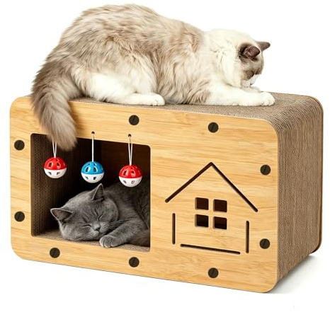 Rascador para Gatos de Cartón, Casa para Gatos Cartón Grande Doble Capa, Resistente y Multifuncional para Rascar, Descansar y Esconderse, Protege los Muebles (B, 60×30×30CM)