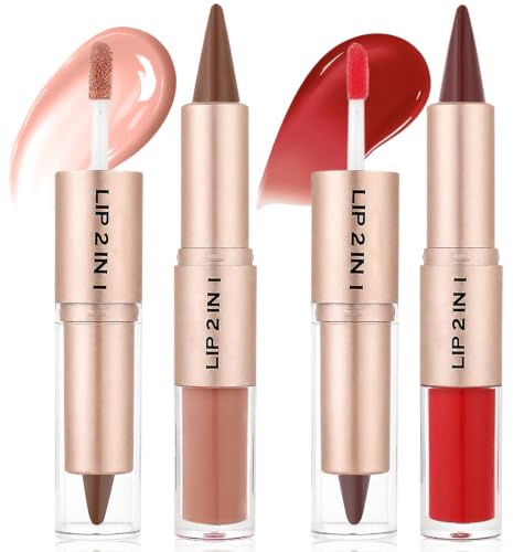 2 Piezas Delineador de Labios y Brillo, 2-en-1 Perfilador de Labios & Brillo de Labios, Alta Pigmentación y Larga Duración para un Acabado Definido y Brillante, Maquillaje para Labios para Mujer