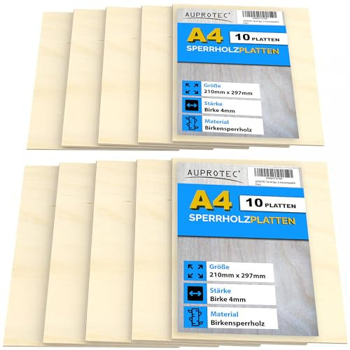 AUPROTEC 10x A4 Sperrholz-Platten Birke 4mm Multiplexplatten (210 mm x 297 mm) Bastel- und Laubsäge-Holzplatten Birke Massiv Multiplex Holz Industriequalität