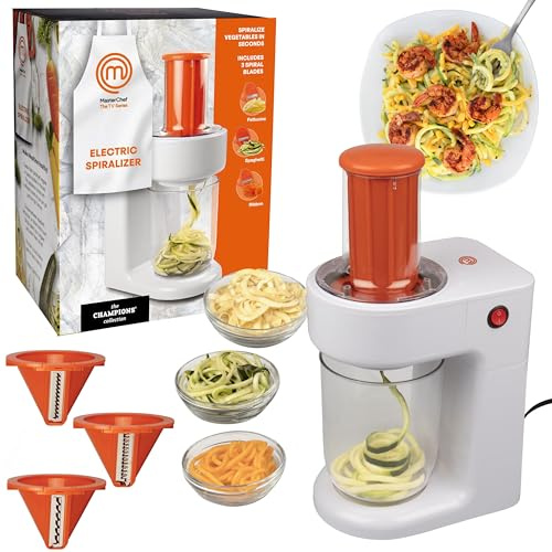 MasterChef Electric Spiralizer- 3-in-1 Vegetable Noodle Pasta Maker- Homemade Low Carb, Keto, Vegan, Gluten Free- Zoodle Zucchini Veggie Slicer & XL Hopper, FREE Recipes- Quick Healthy Meal Prep Gift