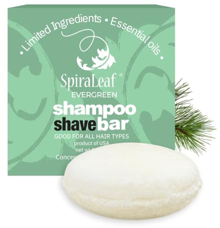 SPIRALEAF Shampoo & Shave Bar – Plant-Based Shampoo & Shave Bar for All Hair Types, Concentrated Formula with Essential Oils, Limited Ingredients,USA Made, 2.25oz -Evergreen
