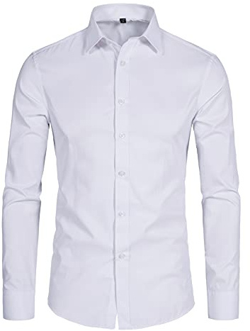 DELCARINO Men's Long Sleeve Button Up Shirts Solid Slim Fit Casual Business Formal Dress Shirt White Medium