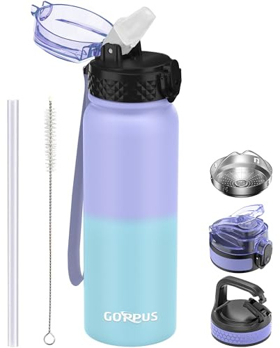 GOPPUS Botella Agua Acero Inoxidable 600ml/20oz con Pajita Botella Deportiva Aislada Frasco Frío con Pajita Botellas Agua Metal Abatibles Doble pared Termo a Prueba Fugas para Gimnasio con 3 Tapas