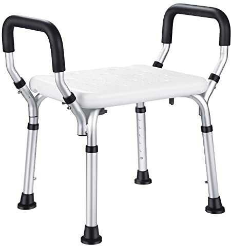 NArra Chaise de Douche Adulte avec Amovible Accoudoir Tabouret de Douche Réglable Hauteur Charge Jusqu'à 150kg avec antidérapants Légère Aluminium Siège de Douche pour Seniors Assemblage sans Outils