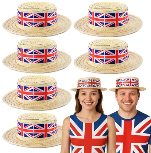 Union Jack Boater Hats - Pack of 6 - Straw Boater Hats with Union Jack Flag Band - King's Coronation, VE Day, Jubilee Events, Street Party Fancy Dress Accessory