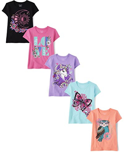 The Children's Place,Short Sleeve Graphic T-Shirt 5-Pack,Unicorn/Owl/Sun and Moon/Love/Butterfly,XLarge (14)