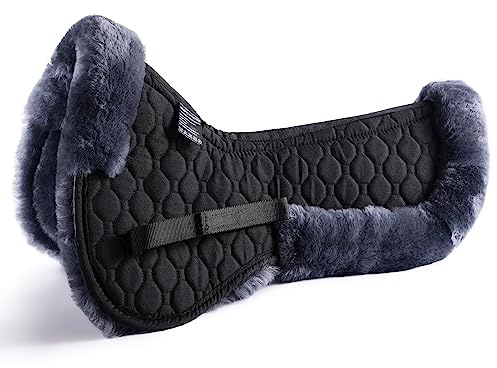 Merauno® Lamb wool Half Pad Sheep wool Saddle Pad Clear Spine Fully Lined Merino Wool Dressage Jumping Half Pads for Horses High Withers Spine Free (Full, Anthracite Lambwool+Black Quilted Cotton)