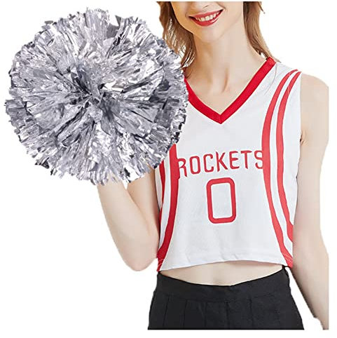 SHTGOI 2 Stück Cheerleading Pompons Metallfolie Cheerleading Pom Poms mit Ring Cheerleader Handblumen Cheers Blumenball für Sportveranstaltungen Ballspiele Tänze Karnevalspartys Silber