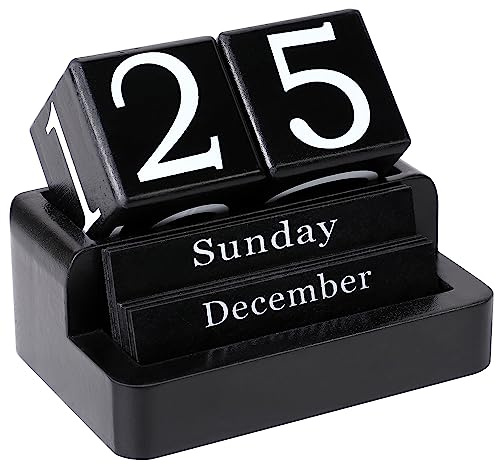 EASEYA Wooden Block Calendar for Desk, Daily Desktop Perpetual Desk Calendar, Modern Farmhouse Aesthetic Desk Accessories for Home Office Decor, Teacher, Classroom, Reusable Yearly, Black