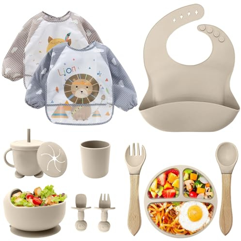 Cubiertos Bebe,Juego de 12 Piezas Platos Bebe con Ventosa, Baby Led Weaning,Cubiertos Infantiles,Juegos de Vajilla Bebe,Cuchara Bebe,Babero Silicona Bebe,Plato de Silicón Antideslizante Sin BPA
