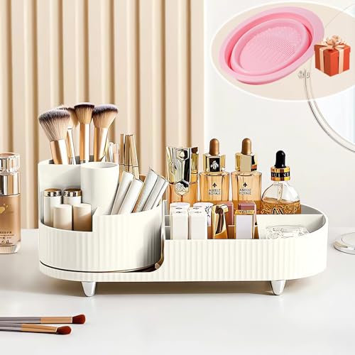 Organizer Trucchi, Porta Trucchi Organizer Rotante a 360°, Compartimento Rotante 2 in 1 Organizzatore Trucchi, Make Up Organizer per Profumi, Skincare, Porta Pennelli Make Up (Bianco)