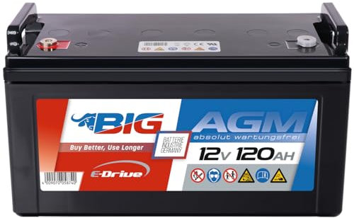 BIG E-Drive AGM Traktionsbatterie: Ideal für Rehatechnik, E-Scooter, Außenborder, Hebebühnen, Fördertechnik, Aufzüge, Robotik, FTS, Industrie, DC-Stromversorgung (12V - 120Ah)