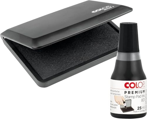 COLOP Black Ink Pad & Ink Pad Refill 2 Pack - Suitable for Stamping Letters - Used for Crafting, Home and Office Use - 110mm x 70mm Stamp Pad & 25ml Ink