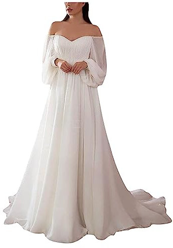 Brautkleid Standesamt Weiß Abendkleider Elegant Für Hochzeit Lang Chiffon Hochzeitskleid Damen Schulterfrei Ballkleid Langarm Cocktailkleid Rückenfrei Maxikleid A Linie Brautjungfernkleider