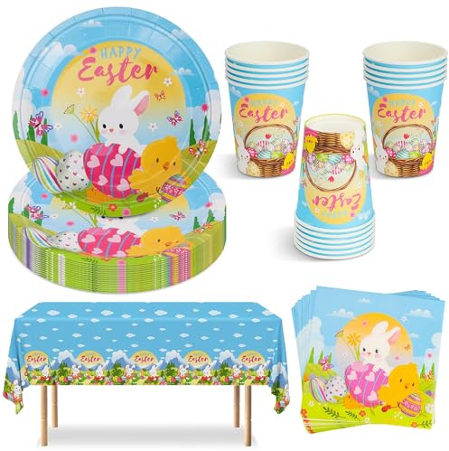 53 Piezas Vajilla para la Fiesta de Pascua, 16 Invitados Plato de Papel Happy Easter Servilletas Tazas Mantel etc Decoración de Mesa de Pascua