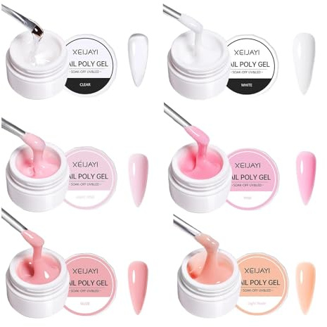Builder Gel Set - Nail Extension Kit with 6 Colors for Thicker, Stronger Nails - Poly Gel Set for DIY Nail Art - Clear, White, Pink, Nude Shades for Women