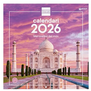 Finocam - Calendrier mural 2026, 30 x 30 cm, vue mois janvier - décembre 2026 + sept. - Déc. 2025 (4 mois) réduits | Calendrier 2026 | Images Merveilles du monde - Catalan