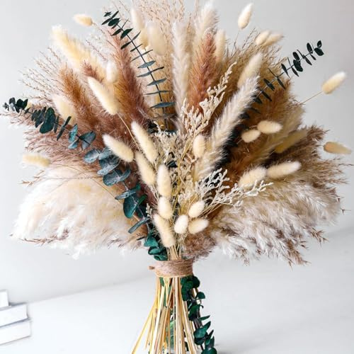 Decorazione in erba di pampas essiccata,erba di pampas con code di coniglio e fiori secchi, bouquet di erba di canna per matrimonio, fiori boho, decorazione della tavola domestica