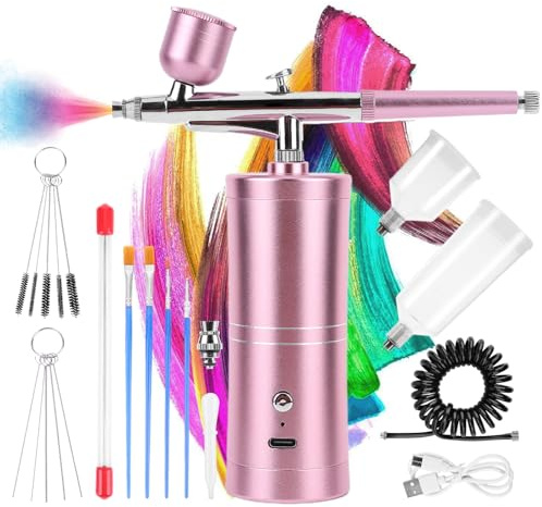 Airbrush Kit with Compressor Rechargeable Portable Air Brush Paint Kit High-Pressure Nail Airbrush with Nozzle and Cleaning Brush Set for Nail Art, Makeup, Painting, Cake Decor (Pink) (Pink)