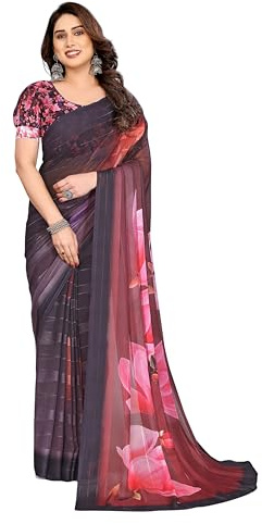 ETHNICMODE sari indio mujer Printed Georgette Light Weight Jari Party Brown Saris With Unstitched Brown Blouse Piece-1125
