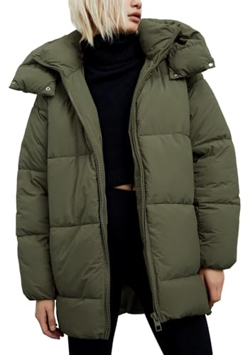Gihuo Womens Quilted Puffer Coat Hoodie Winter Oversized Mid-Length Padded Down Jacket Warm Heavyweight Bubble Outerwear (US, Alpha, Large, Regular, Regular, ArmyGreen)