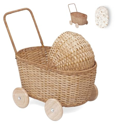 GON Stroller – 3 in 1 Rattan Puppenwagen, Einkaufwagen & Lauflernwagen für Kinder | Handgeflochtener Puppen-Buggy aus Naturmaterialien mit Kissen & Matratze | Holzpuppenwagen ab 1 Jahr - Natural