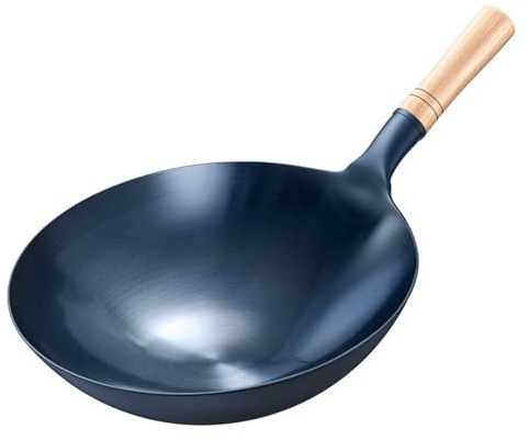 Wokpanna, kinesisk gaskokare, stekpanna, handhamrad kolstål med trähandtag för restaurangkök, camping och hotell (36 cm)