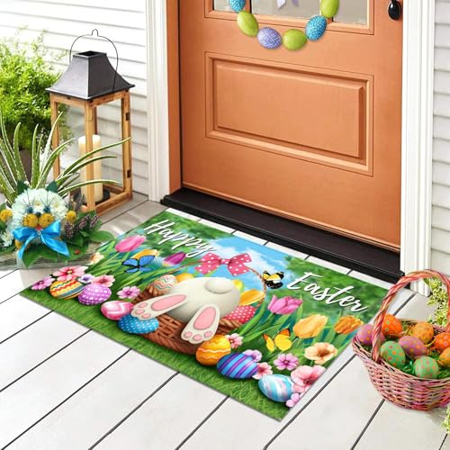 Yunvisty Easter Door Decorations Mat Spring Welcome Mats Doormat Bunny Feet And Floral Design Colorful Easter Eggs Front Entrance Decor Indoor And Outdoor For Front Door Patio Kitchen Holiday Home