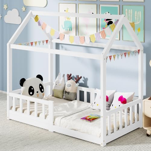 DoCred Crib Size House Floor Bed,Wooden Montessori Bed with Fence and Roof for Kids,Playhouse Crib Bed Frame for Girls,Boys