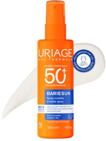 Uriage Bariesun Spray Invisible SPF50+ - Très Haute Protection Solaire UVA UVB Lumière Bleue - Visage & Corps - Contre le Photo-Vieillissement - Peaux Sensibles - Hydratant Vitamine E - 200ml
