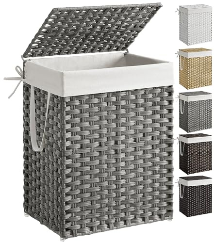 SONGMICS Laundry Hamper with Lid, 23.8 Gallon (90 L) Synthetic Rattan Clothes Laundry Basket with Lid and Handles, Foldable, Removable Liner, Dove Gray ULCB51WG