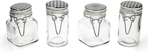 MamboCat Takeo Lot de 4 bocaux de conservation hermétiques avec fermeture à étrier 90 ml I Bocaux de conservation avec étrier métallique rond et carré I Bocal de conservation hermétique I Motifs