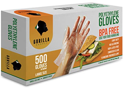 GORILLA SUPPLY 500 BPA Free Premium Disposable Gloves Poly PE LDPE Plastic for Kitchen Food Handling Food Prep Latex & Powder Free (500 Count, Large)
