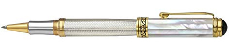 Xezo Maestro stylo roller, pointe fine. Argent massif 925 Sterling avec nacre blanche océanique et plaquage en platine pur. Fabriqué à la main, édition limitée, numéroté