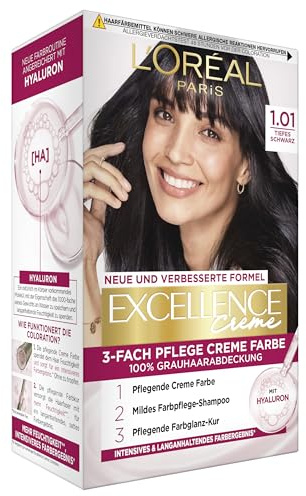 L'Oréal Paris Permanente Haarfarbe, 100% Grauhaarabdeckung, Haarfärbeset mit Coloration, Shampoo und 3-Fach Pflege Creme Farbe, Excellence Creme, Nr. 1.01 Tiefes Schwarz, 1 x 268 g