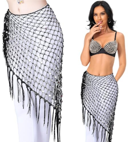 Belly Dance Sequins Hip Scarf with Tassel Dance Hip Wraps Belly dancing Accessories Shining Triangle Crochet Coins (Black Sliver)