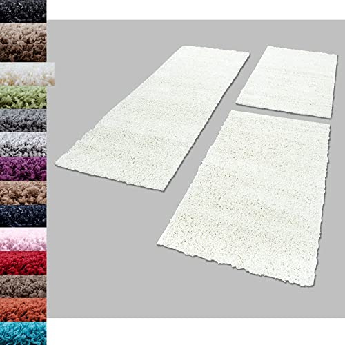 Carpettex Bettumrandung Schlafzimmer 3teilig Shaggy Teppich Hochflor Einfarbig Creme Bettset:2 mal 60x110 + 1 mal 80x150 - Bettvorleger Schlafzimmer Läuferset Weicher Flauschig Bettumrandung Teppich