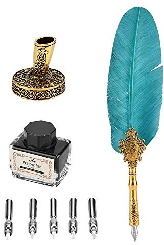 Stylos Plume de Calligraphie Encre Set, Rétro Fountain Dip Pen Stylos de Calligraphie Vintage Stylo de Calligraphie Plume avec 5 Plumes de Rechange, pour